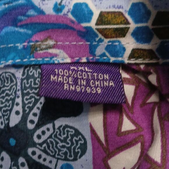 Alan Flusser turquoiuse purple printed long sleeve button down shirt  Sz XXL - Picture 9 of 9